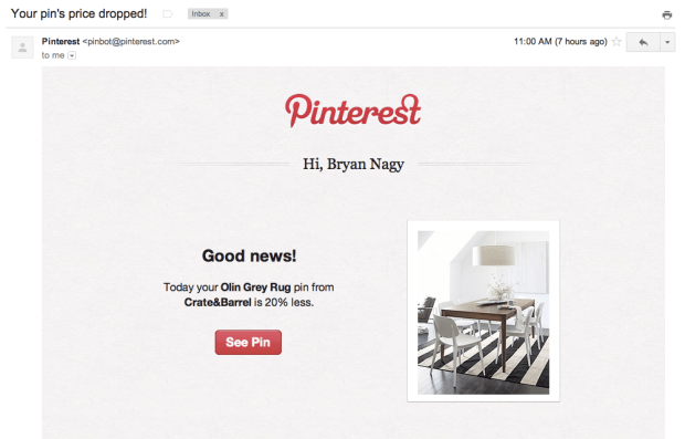 Pinterest is now emailing users about products they've pinned that are now on sale. 