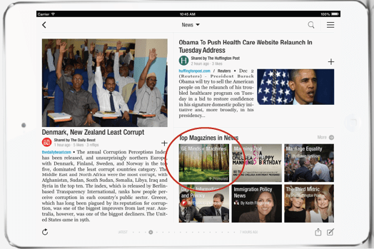 Promoted Brand Magazine in Flipboard tile.